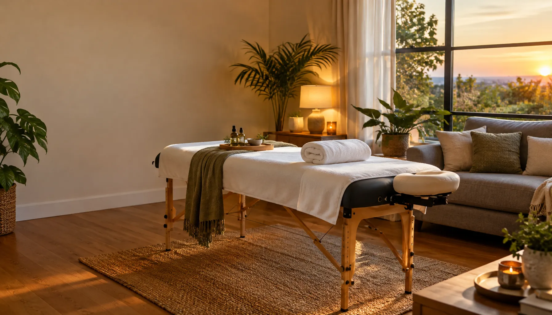 Aufgebaute Massageliege mit Handtüchern und Ölen in einem gemütlichen Wohnzimmer