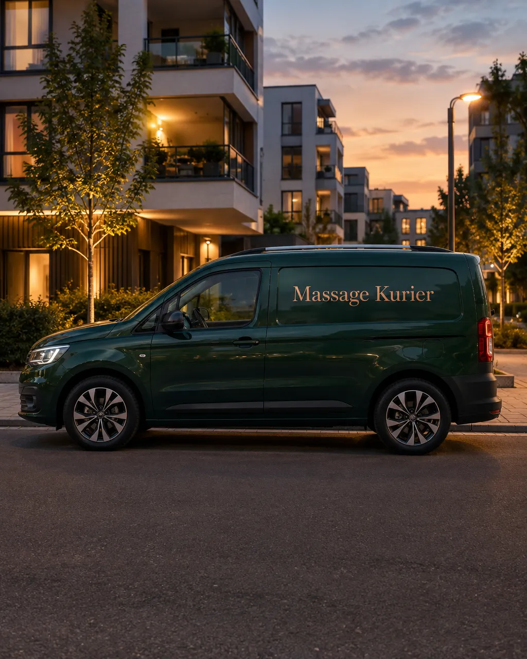 Der Massage Kurier Transporter vor einem Wohnhaus